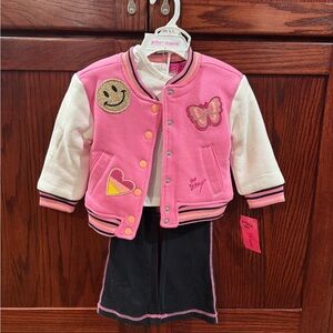 Betsey Johnson Toddler 2T Pink and White Varsity Jacket with Patches